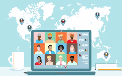 Illustration of Business team conference video call, studying online, telecommuting, remote work, business communication
